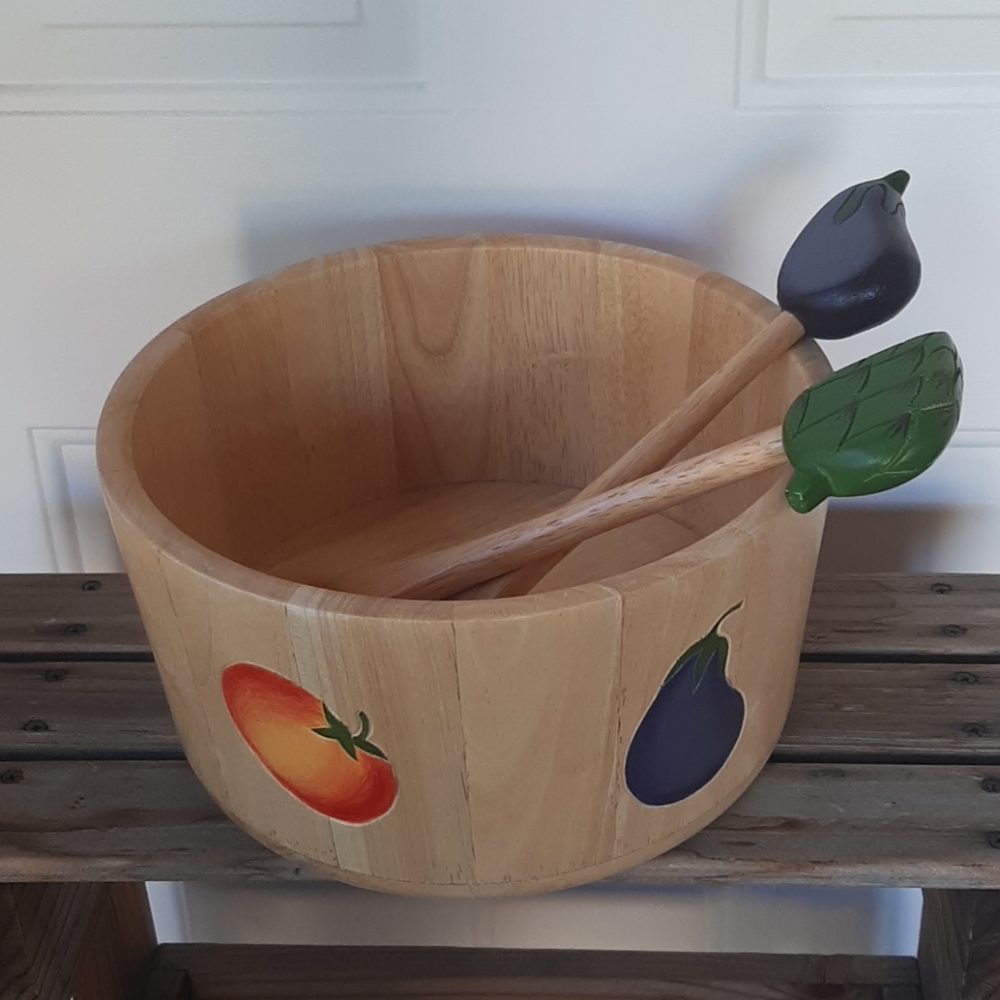 Hand Painted Salad Bowl and Utensils